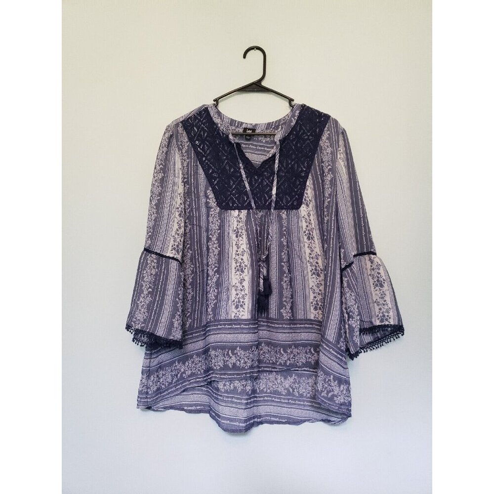 Lee Womens L Blouse 3/4 Sleeve Blue Tie V Neck Western Floral Lace Boho Sheer